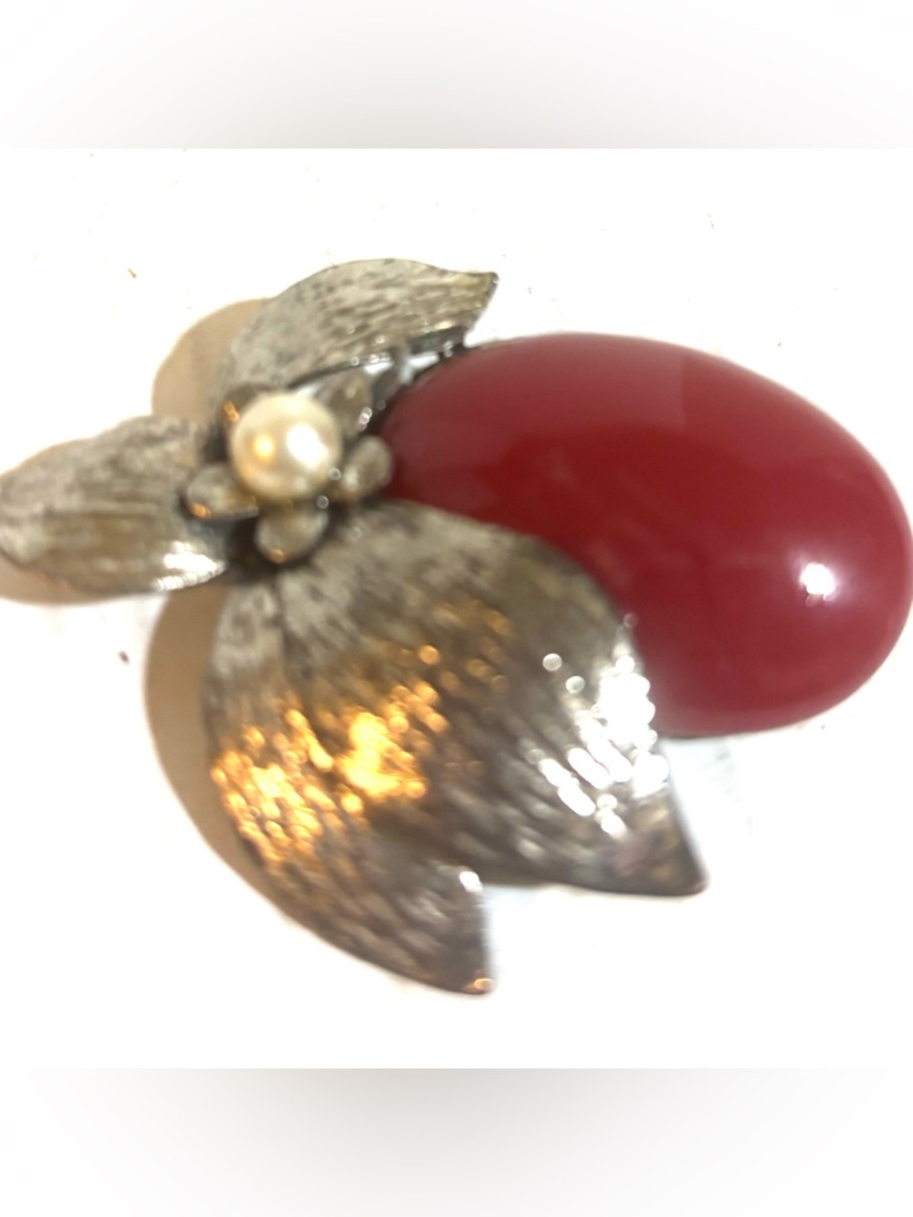 Silver Leaf Red Stone Brooch with Pearl Accent